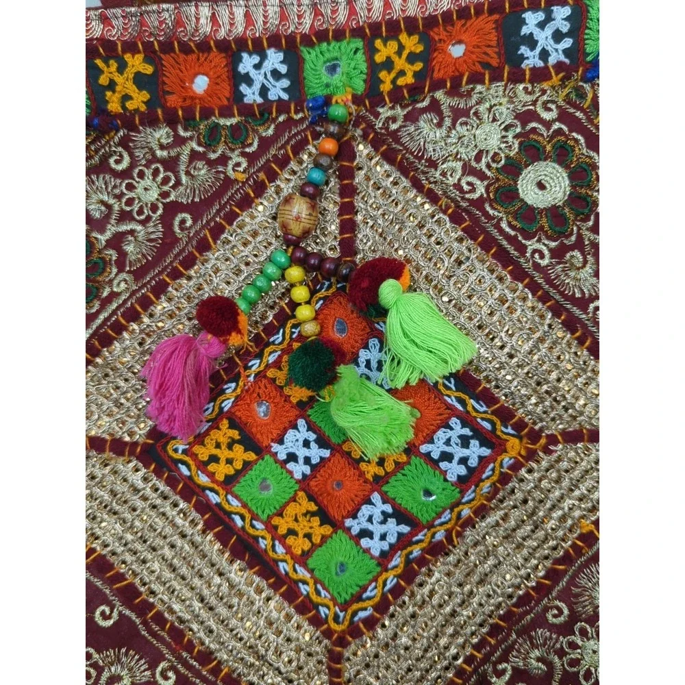 Handcrafted Made India fabric mirrored stitched hobo hippie bag purse pom poms